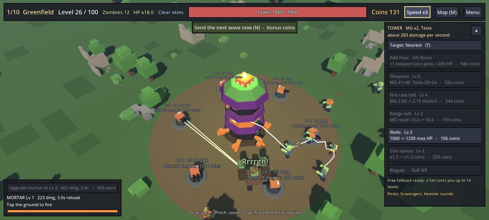 A tower with three floors and turrets holding off zombies at level 26